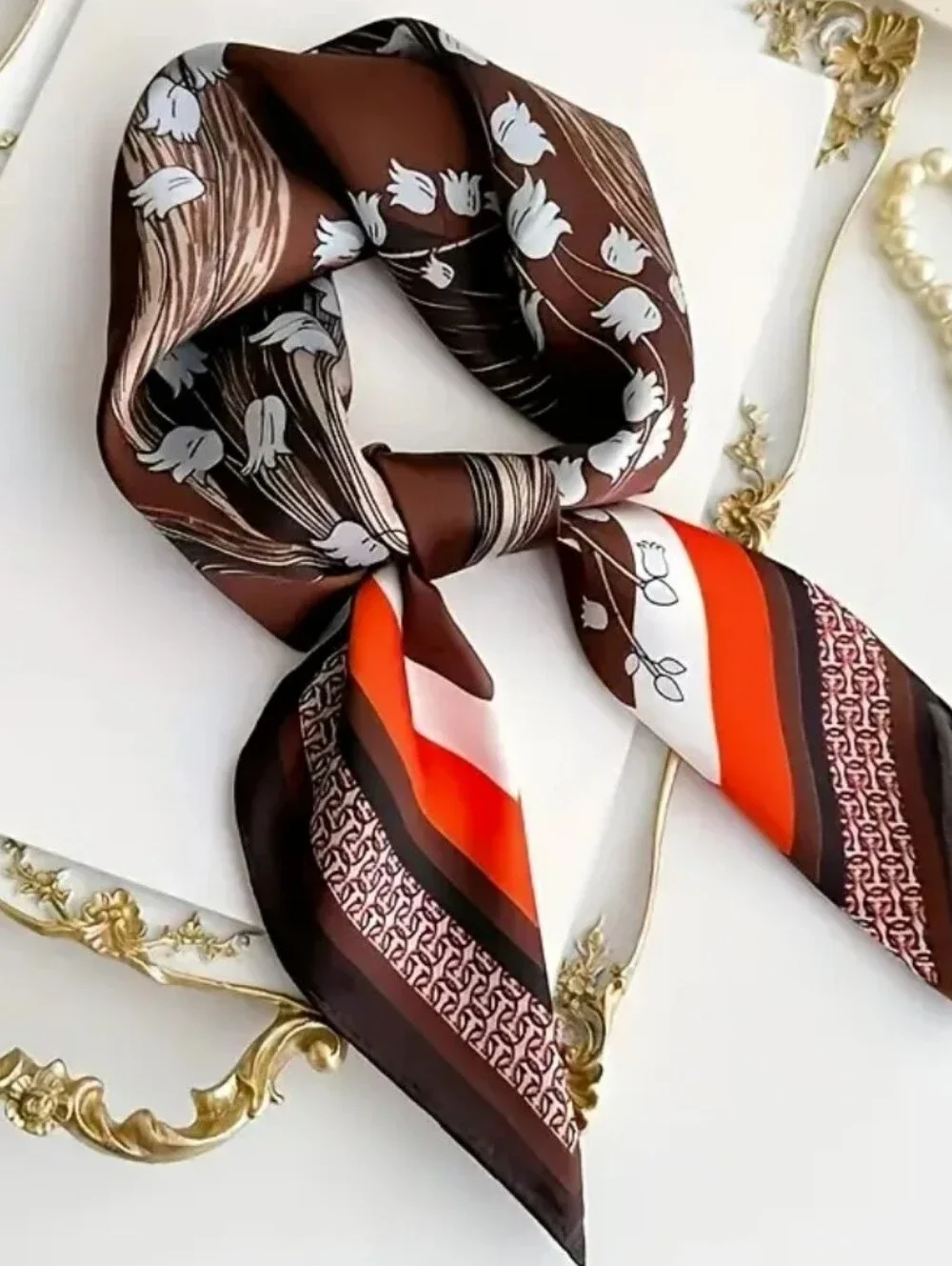 Silk-feel Brown Floral Square Scarf Head Scarf , Neck Scarf